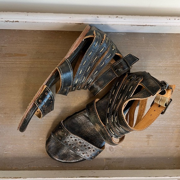 Bed|Stu Artemis Gladiator Sandals 6 Black Distressed Leather Boho Festival - Picture 11 of 14